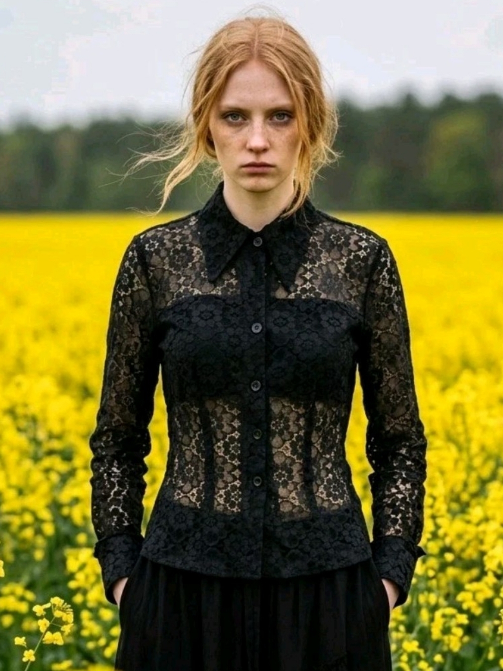 Vintage 90s Black Lace Sheer Top Size M Floral Goth Dark Romantic Button Up Y2K